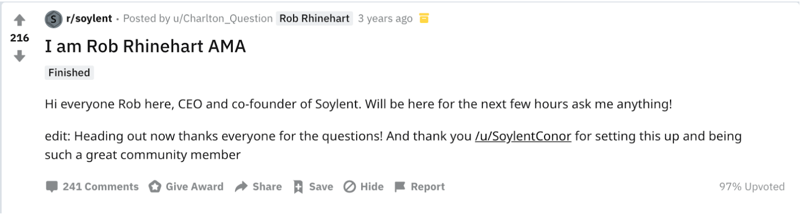 ユーザーコミュニティでのSoylent CEOの発言