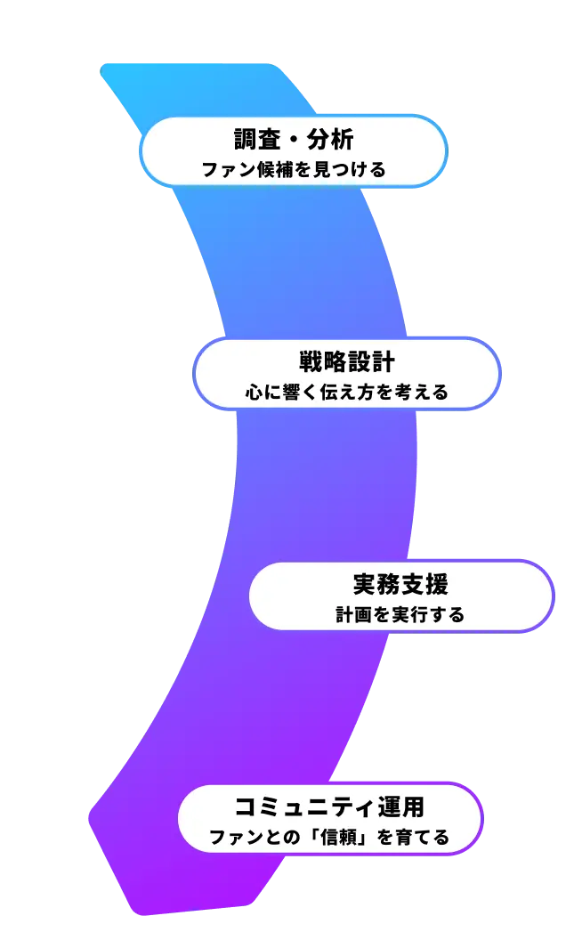 調査・分析、戦略設計、実務支援、コミュニティ運用