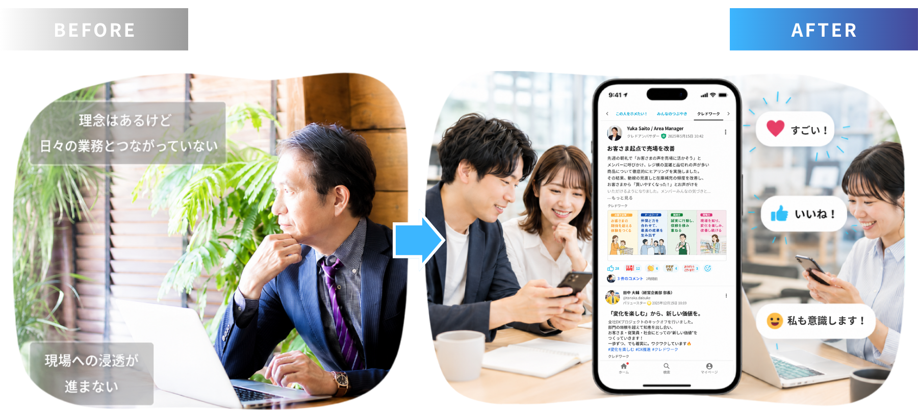 理念が日々の業務とつながらず現場に浸透しない状態から、社内アプリ上で理念を体現した行動が共有され共感が広がる状態へ変わるインナーブランディングのBefore/Afterイメージ